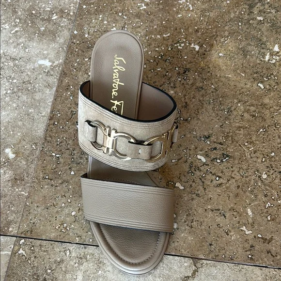 Salvatore Ferragamo Tan Slide Sandals with Metal Detail - Picture 3 of 13